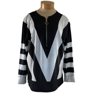 Womens Black White 1XL Long Sleeve Blouse V-Pattern Striped Half Zip Mod Graphic